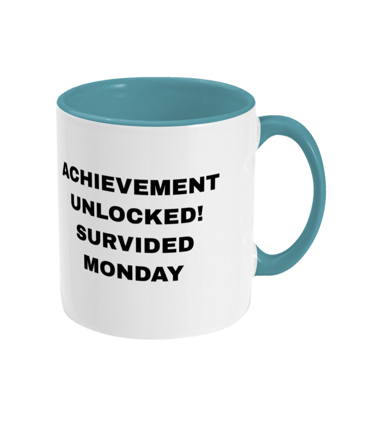 Gamers Two Toned Gift Mug 11oz (15 Colours) - Achievement Unlocked: Survived Monday - Birthday, Christmas, Xmas, Present